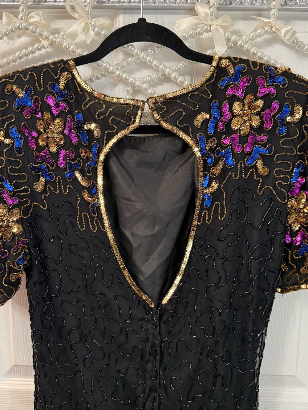 Vintage Embellished Black Cocktail Dress w/ Multicolor Floral Beading NYE Dress - Picture 10 of 15